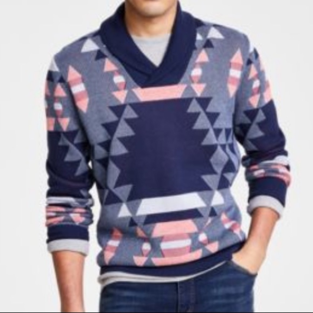 Sun + Stone Men’s Blue Multi Geometric Print Pull-On Sweater